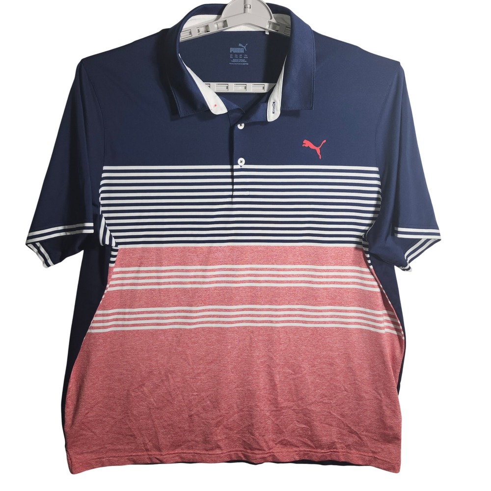 Puma Golf Polo‎ Shirt XXL Mens Navy Blue Red Striped Short Sleeve Athletic